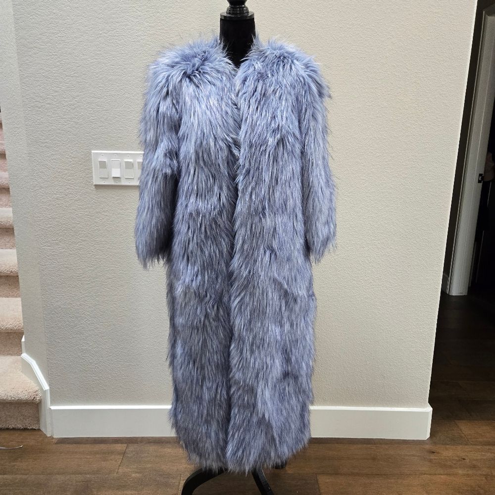 Elisabetta Franchi Blue Faux Fur Midi Coat Size 40 4